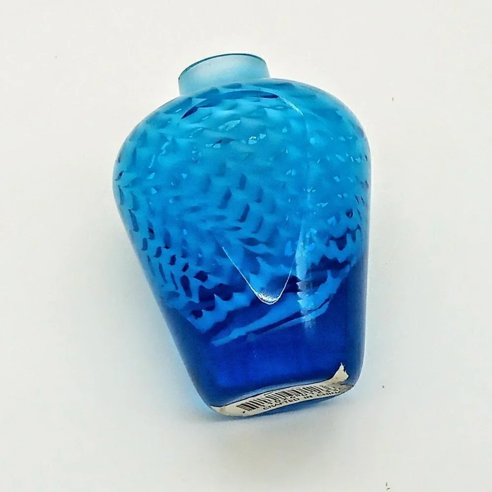 Blue White Swirl Flat Cut Side Art Glass Vase